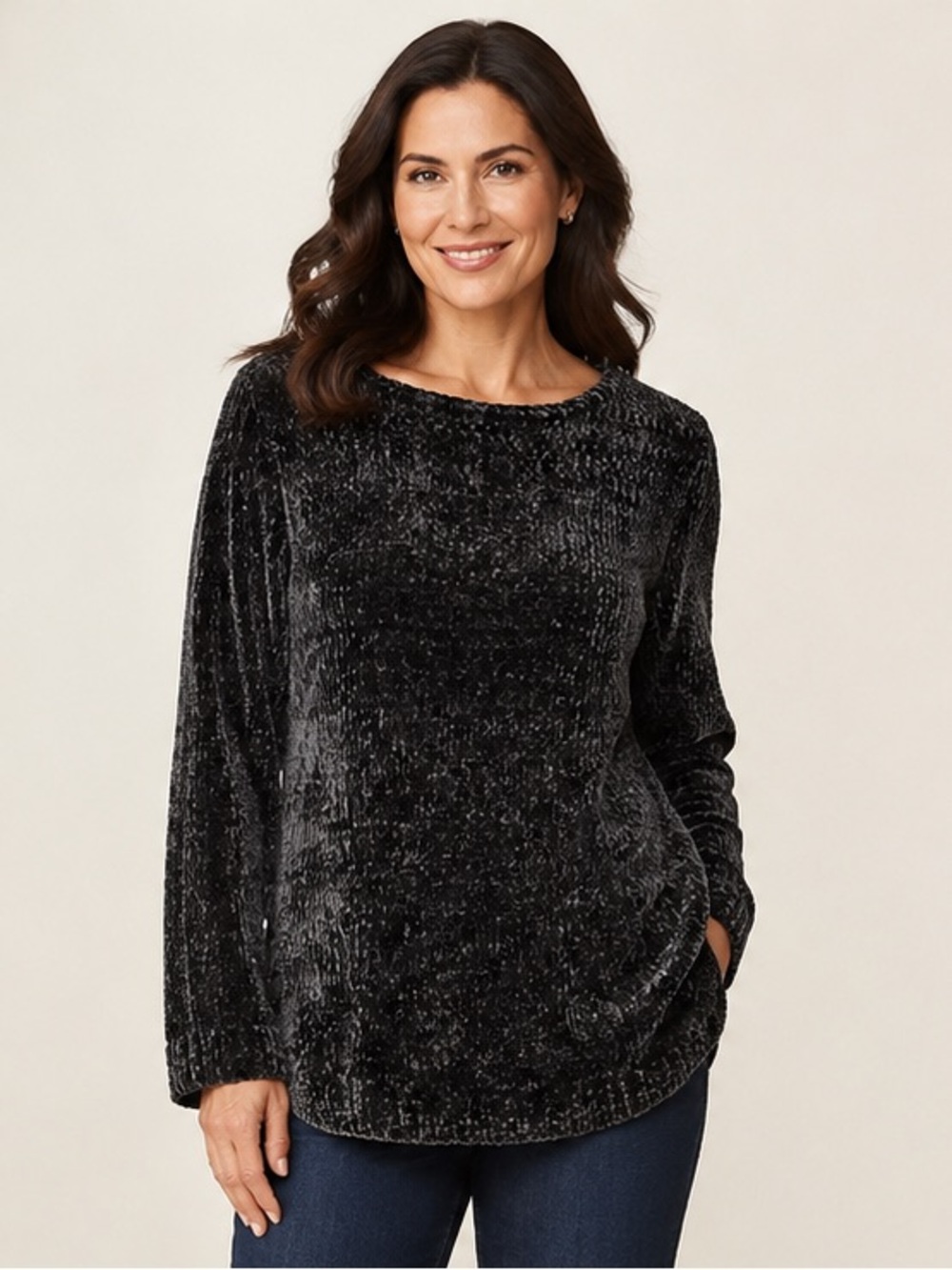 J.Jill Black Chenille Sweater Women’s Small Boat Neck Soft Velvet Pullover